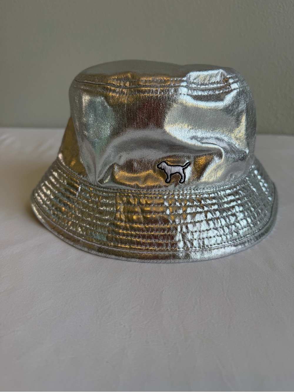 PINK Victoria's Secret Metallic Silver Bucket Hat with Dog Patch OS